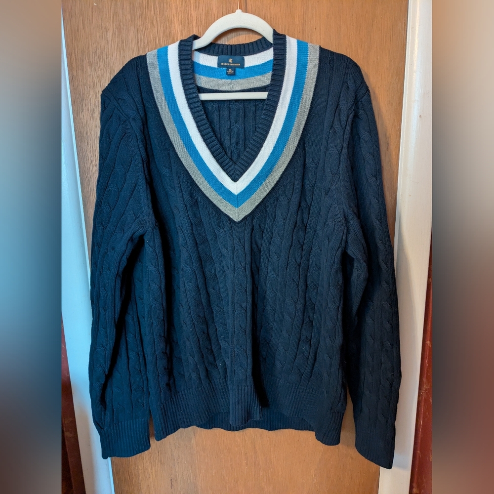 Brooks Brothers V-Neck Sweater in Navy with Blue and Gray Stripes